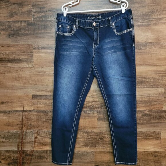 Maurices Jeans Sz 20 Skinny Mid Rise Dark Wash Thick Stitch Embellished Stretch - Picture 2 of 10